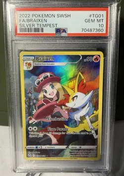 2022 Pokemon SWSH Silver Tempest #TG01 Braixen Full Art PSA 10 Gem Mint W Serena - Image 1