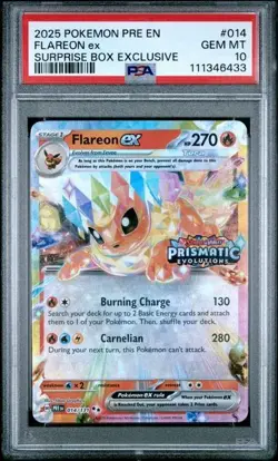 2025 Pokemon Prismatic Evolutions Flareon ex Surprise Box Promo #014 PSA 10 #455 - Image 1