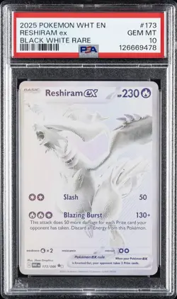 2025 POKEMON WHT EN-WHITE FLARE BLACK WHITE RARE #173 RESHIRAM EX PSA 10 - Image 1