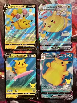 Pokemon TCG Celebrations Holo V VMAX Flying Pikachu Surfing Pikachu 4 Cards - Image 1
