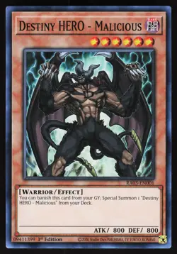Destiny HERO - Malicious RA03-EN001 Yugioh TCG Card Super Rare NM - Image 1