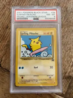 2001 Pokemon Black Star Surfing Pikachu Promo - Pokemon League NM-MT PSA 8 - Image 1