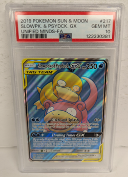 2019 Pokemon Sun & Moon #217 Slowpoke & Psyduck GX Unified Minds-FA PSA 10 - Image 1