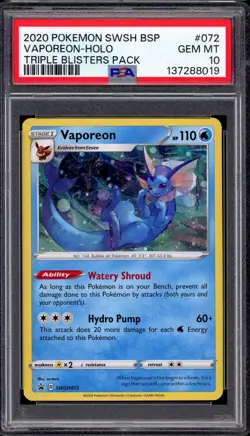 2020 Pokemon SWSH BSP Triple Blister-Pack Vaporeon-Holo #72 PSA 10 GEM MINT - Image 1