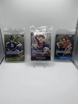One Piece CCG Tin Promos Portgas D. Ace Sabo Monkey D. Luffy Holo Cards Sealed - Image 1