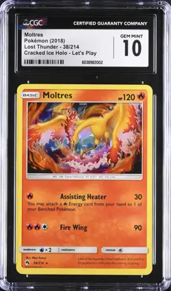 CGC 10 GEM MINT Moltres 38/214 Lost Thunder Cracked Ice Holo Let’s Play Pokemon - Image 1