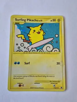 HOLO BLEED ERROR SWIRL Pokemon Surfing Pikachu Holo 114/111 Rising Rivals Secret - Image 1