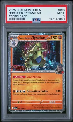 2025 Pokemon Destined Rivals Rocket's Tyranitar Prerelease #096 PSA 9 MINT - Image 1