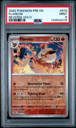 2025 POKEMON PRE EN-PRISMATIC EVOLUTIONS REVERSE HOLO #013 FLAREON PSA 9 - Image 1
