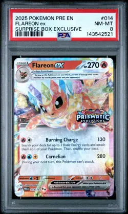 2025 POKEMON PRE EN-PRISMATIC EVOLUTIONS SURPRISE BOX EXCLUSIVE FLAREON EX PSA 8 - Image 1