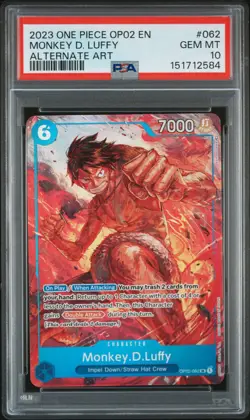 2023 ONE PIECE OP02-PARAMOUNT WAR ALTERNATE ART #062 MONKEY D. LUFFY PSA 10 - Image 1