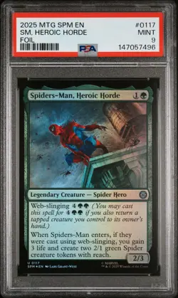 2025 MTG MARVEL'S SPIDER-MAN FOIL #0117 SPIDERS-MAN, HEROIC HORDE PSA 9 - Image 1