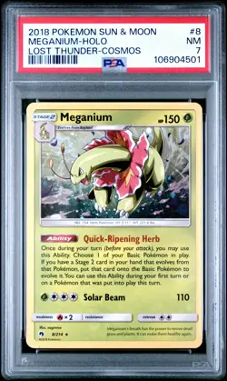 2018 POKEMON SUN & MOON LOST THUNDER COSMOS #8 MEGANIUM-HOLO PSA 7 - Image 1