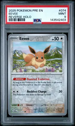 2025 POKEMON PRE EN-PRISMATIC EVOLUTIONS REVERSE HOLO #074 EEVEE PSA 9 - Image 1