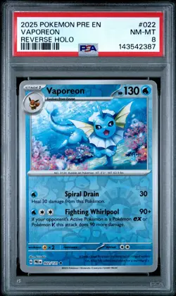 2025 POKEMON PRE EN-PRISMATIC EVOLUTIONS REVERSE HOLO #022 VAPOREON PSA 8 - Image 1
