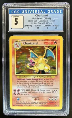 1999 Pokemon Unlimited Charizard Black Dot Error Rare Holo #4/102 CGC 5 - Image 1