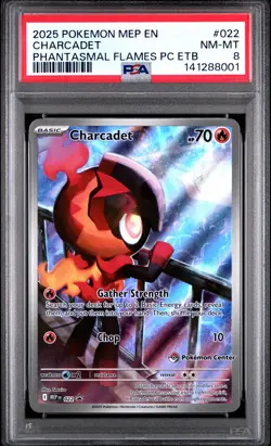 2025 POKEMON PHANTASMAL FLAMES POKEMON CENTER ETB PROMO #022 CHARCADET PSA 8 - Image 1