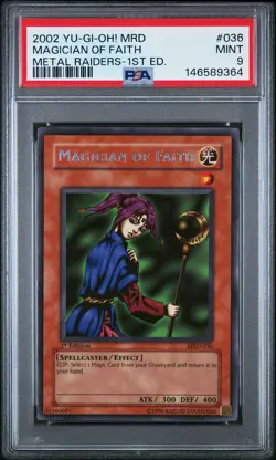 2002 YU-GI-OH! MRD-METAL RAIDERS 1ST EDITION #036 MAGICIAN OF FAITH PSA 9 - Image 1