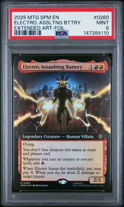 2025 MTG MARVEL'S SPIDER-MAN EXTENDED ART-FOIL ELECTRO, ASSAULTING BATTERY PSA 9 - Image 1