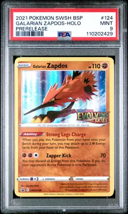 2021 POKEMON SWSH BLACK STAR PROMO PRERELEASE #124 GALARIAN ZAPDOS-HOLO PSA 9 - Image 1