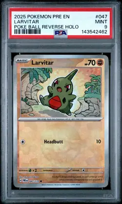 2025 POKEMON PRE EN-PRISMATIC EVOLUTIONS POKE BALL REVERSE HOLO LARVITAR PSA 9 - Image 1