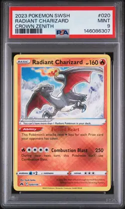 2023 POKEMON SWORD & SHIELD CROWN ZENITH #020 RADIANT CHARIZARD PSA 9 - Image 1
