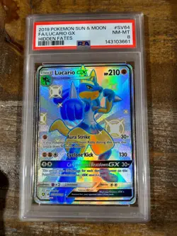 POKEMON 2019 Sun Moon Hidden Fates Full Art LUCARIO GX #SV64 PSA 8 RARE - Image 1