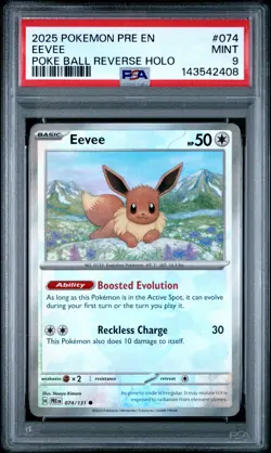 2025 POKEMON PRE EN-PRISMATIC EVOLUTIONS POKE BALL REVERSE HOLO #074 EEVEE PSA 9 - Image 1