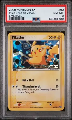 2005 POKEMON EX EMERALD #60 PIKACHU-REVERSE FOIL PSA 8 - Image 1