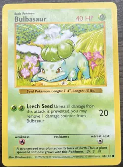 Bulbasaur 044/102 Pokemon TCG WOTC Base Set Shadowless Common Light Play LP - Image 1