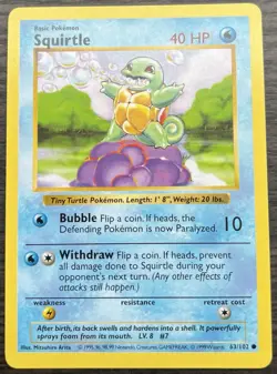 Squirtle 063/102 Pokemon TCG WOTC Base Set Shadowless Common Light Play LP - Image 1