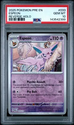 2025 POKEMON PRE EN-PRISMATIC EVOLUTIONS REVERSE HOLO #033 ESPEON PSA 10 - Image 1