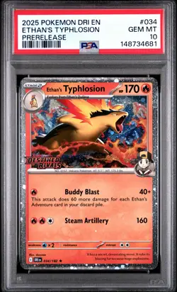 2025 POKEMON DRI EN-DESTINED RIVALS PRERELEASE #034 ETHAN'S TYPHLOSION PSA 10 - Image 1
