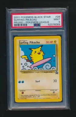 SURFING PIKACHU 2001 POKEMON WOTC BLACK STAR LEAGUE PROMO #28 GRADED PSA 9 MINT - Image 1