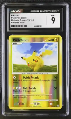 CGC 9 MINT Pikachu 2008 Majestic Dawn 70/100 Reverse Holo Pokemon Card - Image 1