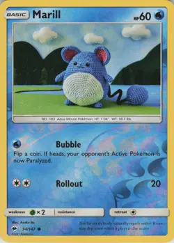 Marill 34/147 Common Burning Shadows Pokemon Reverse Holo Near Mint - Image 1