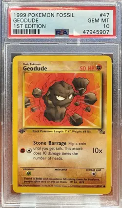 1999 Pokemon Fossil 1st Edition Geodude #47 PSA 10 - Image 1