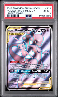 2019 POKEMON SUN & MOON UNIFIED MINDS #222 FULL ART/MEWTWO & MEW GX PSA 8 - Image 1