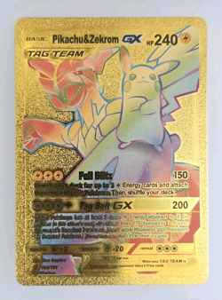 Pokemon Pikachu & Zekrom GX Tag Team Gold Foil Fan Art Collector Card Rainbow - Image 1