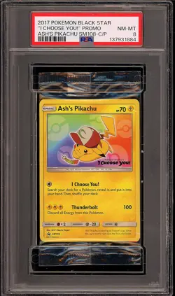 Pokemon 2017 Ash's Pikachu SM108 Black Star Promo I Choose You Sealed PSA 8 - Image 1