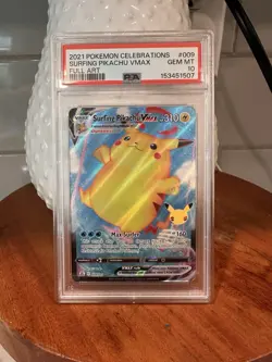 2021 POKEMON CELEBRATIONS #009 FULL ART/SURFING PIKACHU VMAX PSA 10 - Image 1