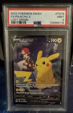 2022 POKEMON SWORD & SHIELD LOST ORIGIN #TG16 FULL ART/PIKACHU V PSA 9 - Image 1