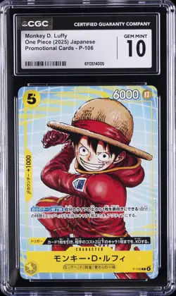 2025 ONE PIECE JAPANESE PROMO CARDS #P-106 MONKEY D. LUFFY CGC 10 GEM MINT - Image 1
