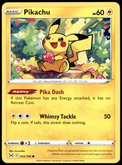 Pokemon Pikachu TCG Sword & Shield Lost Origin Card 052/196, Regular Common - Image 1
