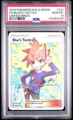 2019 POKEMON SUN & MOON UNIFIED MINDS #231 FULL ART/BLUE'S TACTICS PSA 10 - Image 1