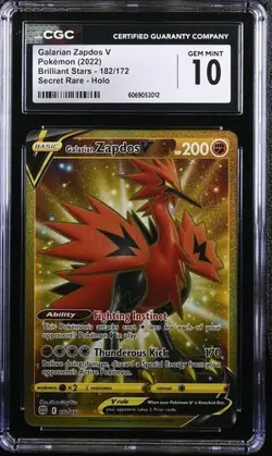 CGC 10 Galarian Zapdos V 182/172 Brilliant Stars Gold Secret Rare Pokemon 2022 - Image 1