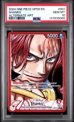 2024 ONE PIECE EMPERORS NEW WORLD OP09 001 SHANKS ALT ART LEADER PSA 10 GEM MINT - Image 1