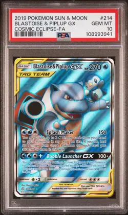 Pokemon Blastoise & Piplup GX SM Cosmic Eclipse Full Art #214 PSA 10 - Image 1