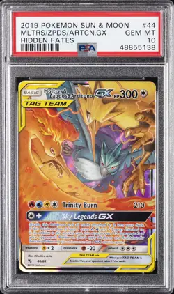 2019 POKEMON SUN & MOON HIDDEN FATES #44 MOLTRES & ZAPDOS & ARTICUNO GX PSA 10 - Image 1