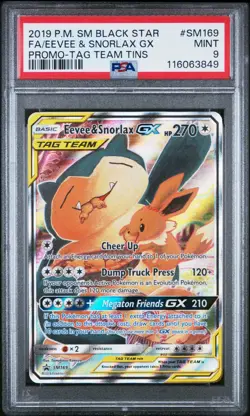 PSA 9 Eevee & Snorlax GX Tag Team Tin Promo SM169 Full Alt Art Pokemon Card Mint - Image 1